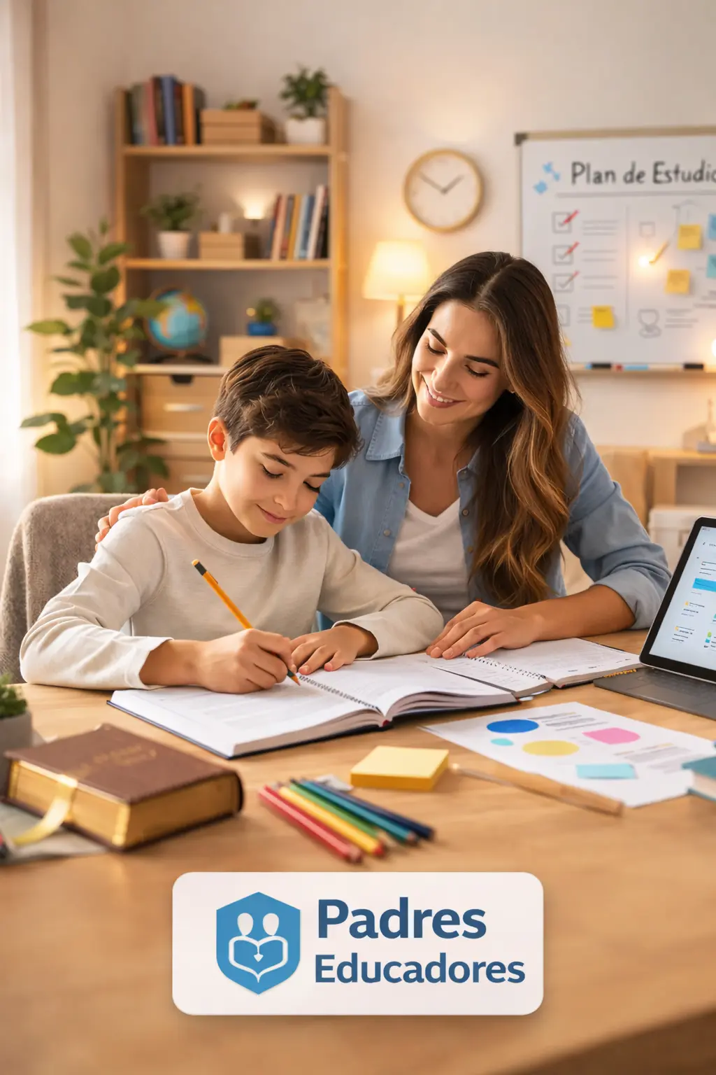 Familia estudiando proyecto práctico