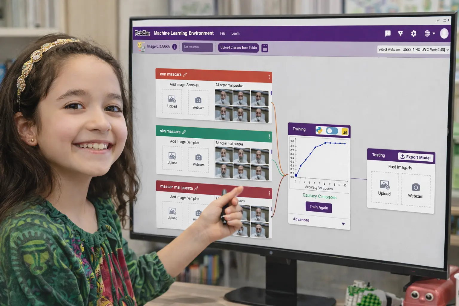Amada explicando como entrena un modelo de Machine Learning Image Classifier dentro de Academia